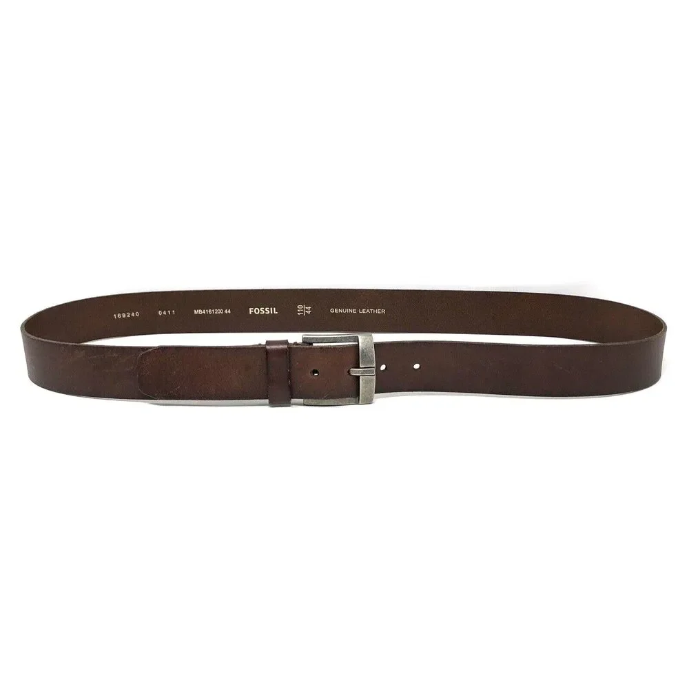 Fossil EVAN Leather Belt Mens Size 44 Logo Patch Brown Full Grain Cowhide